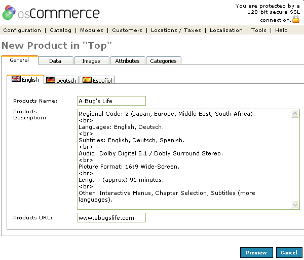 Figure 2. Products Edit General listing page under the Admin>Catalog>Products>Edit>General section.