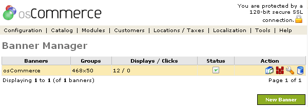 Figure 1. Banner Manager listing page under the Admin>Tools>Banner Manager section.