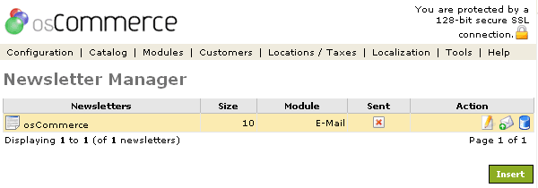 Figure 1. Newsletter Manager listing page under the Admin>Tools>Newsletter Manager section.
