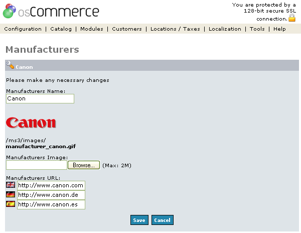 Figure 2. Manufacturers edit page under the Admin>Catalog>Manufacturers/Edit section.