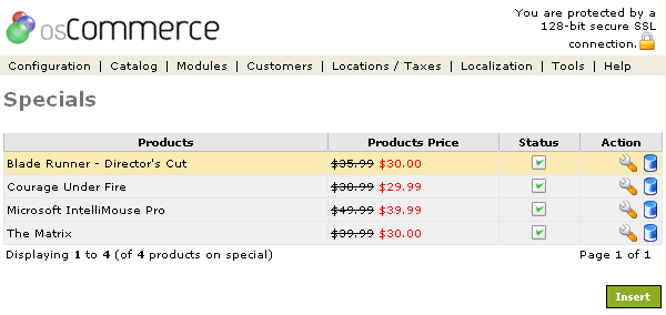 Figure 1. Specials listing page under the Admin>Catalog>Specials section.