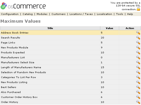 Figure 2. Maximum Values listing page under the Admin>Configuration>Maximum Values section.