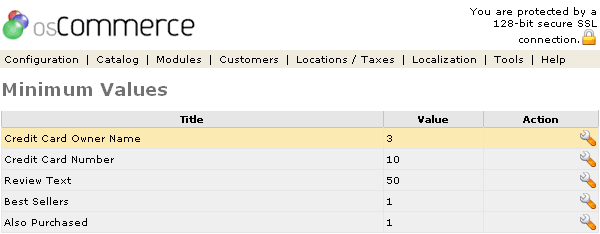 Figure 1. Minimum Values listing page under the Admin>Configuration>Minimum Values section.