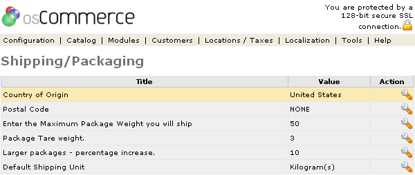Figure 1. Shipping / Packaging listing page under the Admin>Configuration>Shipping/Packaging section.