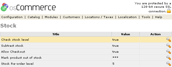 Figure 1. Stock listing page under the Admin>Configuration>Stock section.