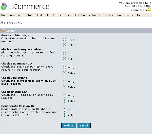 Figure 2. Sessions listing page under the Admin>Configuration>Services>Sessions section.