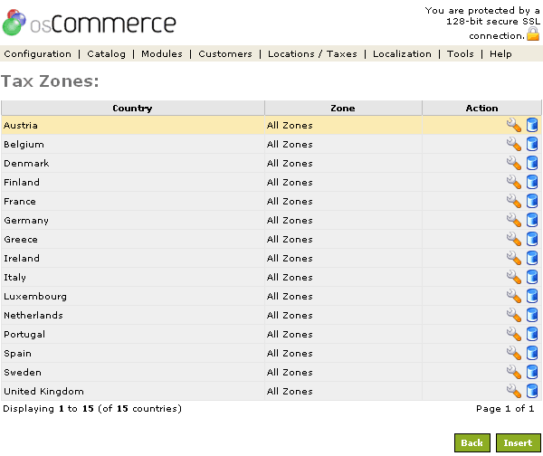Figure 2. Zones listing page for a Tax Zone.
