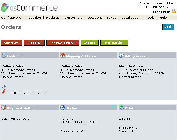 Figure 2. Orders Edit Summary listing page under the Admin>Customers>Orders>Edit>Summary section.