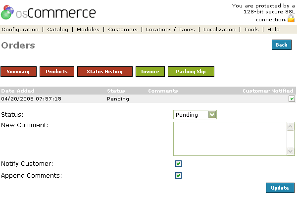 Figure 4. Status History listing page under the Admin>Customers>Orders>Edit>Status History section.