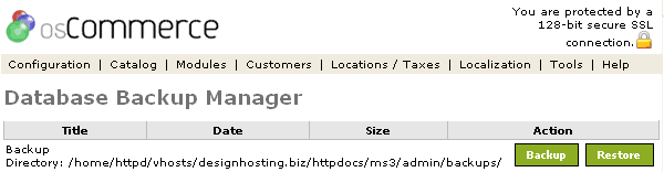Figure 1. Database Backup Manager listing page under the Admin>Tools>Database Backup Manager section.