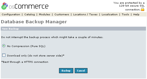 Figure 2. Database Backup listing page under the Admin>Tools>Database Backup Manager section.