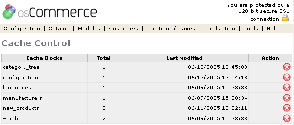 Figure 1. Cachelisting page under the Admin>Tools>Cache section.
