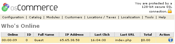 Figure 1. Who's Online listing page under the Admin>Tools>Who's Online section.