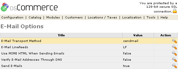 Figure 1. E-Mail Options listing page under the Admin>Configuration>E-Mail Options section.