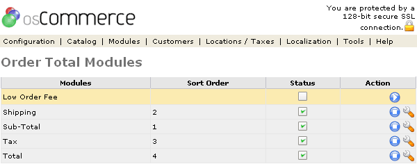 Figure 1. Order Totals listing page under the Admin>Modules>Order Total section.