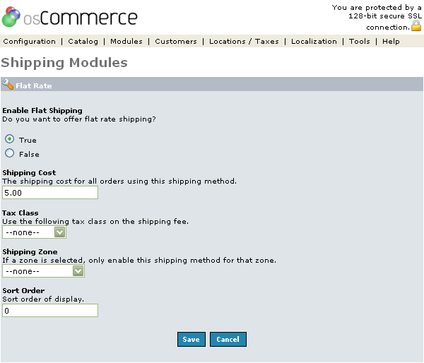 Figure 1. Flat Rate Shipping Module listing page under the Admin>Modules>Shipping>Flate Rate>Edit section.