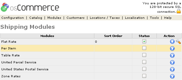 Figure 1. Shipping Modules listing page under the Admin>Modules>Shipping section.