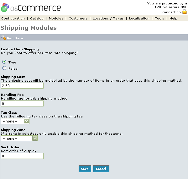 Figure 1. Per Item Shipping Module listing page under the Admin>Modules>Shipping>Per Item>Edit section.