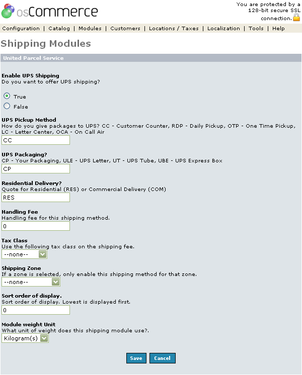 Figure 1. United Parcel Service (UPS) Module listing page under the Admin>Modules>Shipping>UPS>Edit section.