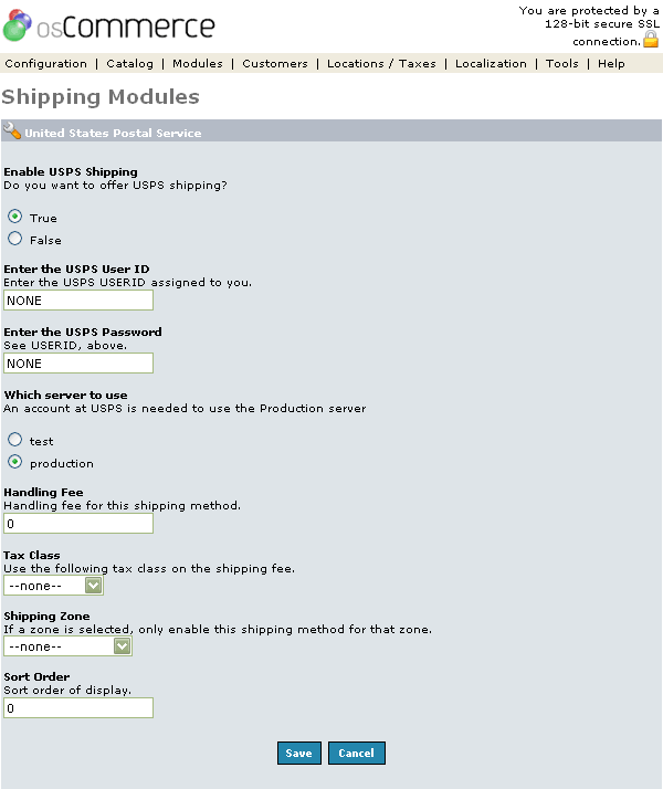 Figure 1. USPS Module listing page under the Admin>Modules>Shipping>USPS>Edit section.