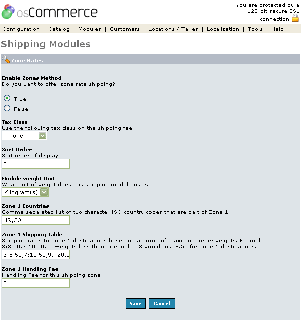 Figure 1. Zone Rates Shipping Module listing page under the Admin>Modules>Shipping>Zone Rates>Edit section.