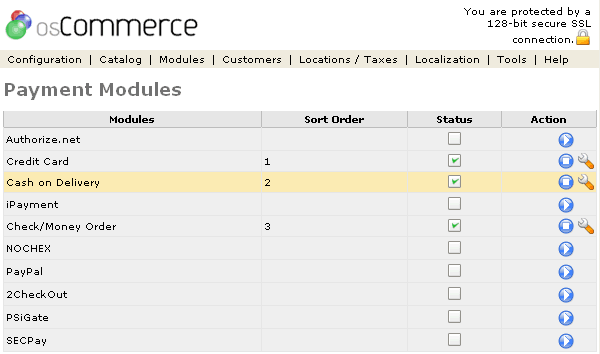 Figure 1. Payment Modules listing page under the Admin>Modules>Payment Modules section.
