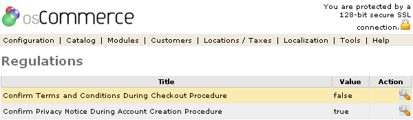 Figure 1. Regulations listing page under the Admin>Configuration>Regulations section.