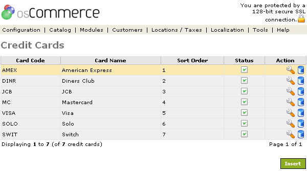 Figure 1. Credit Cards listing page under the Admin>Configuration>Credit Cards section.
